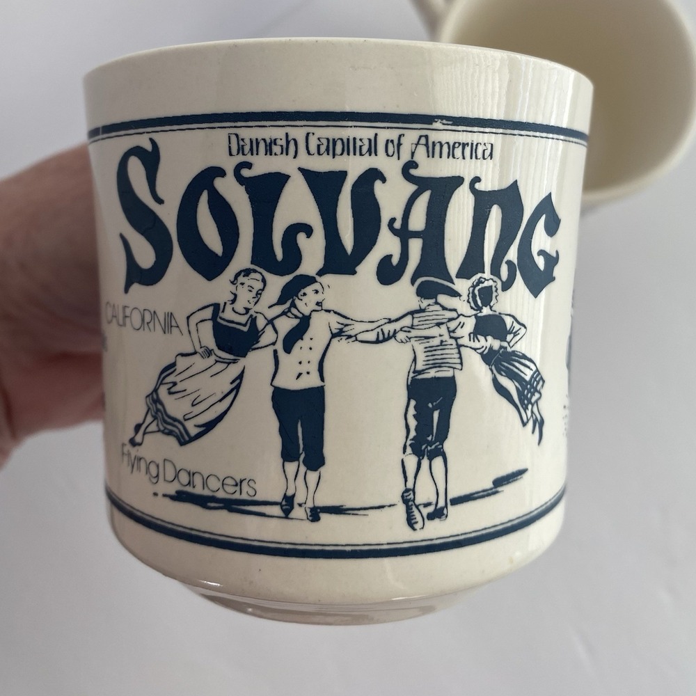 Vintage Solvang Coffee Mug Danish Capital of America Blue Flying Dancers Set 2